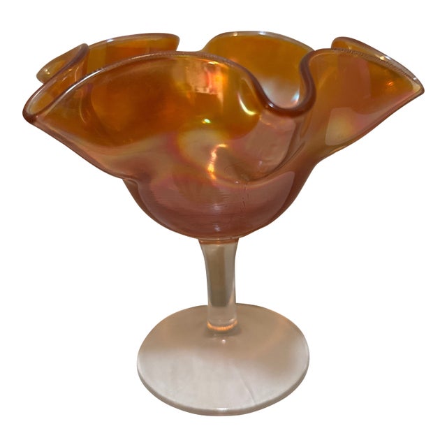 Vintage Fenton Style Marigold Carnival Glass Ruffled Compote For Sale