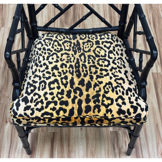 Vintage Chippendale Style Black Faux Bamboo Arm Chair With Leopard Print Velvet Upholstery For Sale - Image 9 of 11
