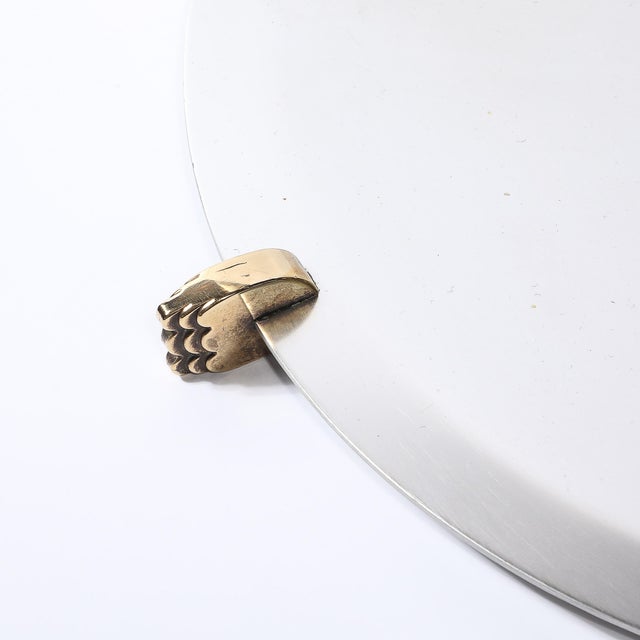 Silver Art Deco Aluminum Serving Tray With Sculptural Brass Supports For Sale - Image 8 of 14