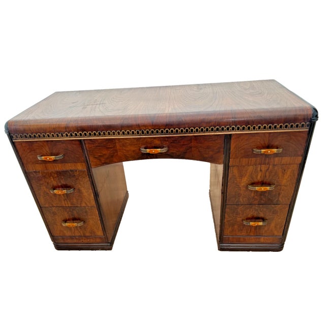 Art Deco 1930s Art Deco Desk Waterfall Top Seven Dovetail Bakelite Drawers Burl Walnut Carved For Sale - Image 3 of 12