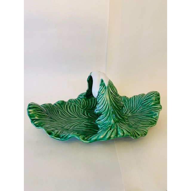 Ceramic Vintage Rare Bordallo Pinheiro Large Majolica Cabbageware Serving Platter With Handle Centerpiece For Sale - Image 7 of 7
