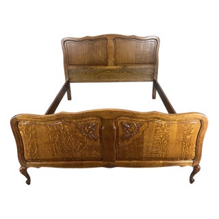 Vintage French Louis XVI Style Double Bed Frame in Oak with Carved Headboard For Sale