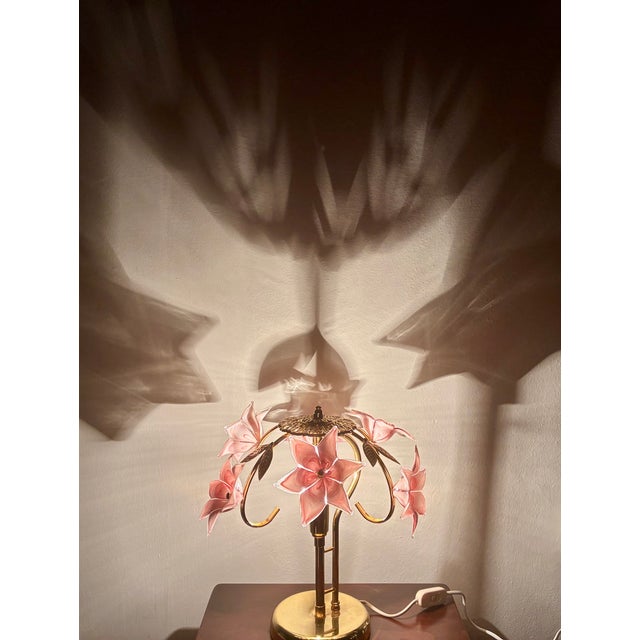 Vintage Pink Murano Glass Floral Table Lamp – Authentic Italian Curved Flower Desk Lamp With Brass Frame - a Pair For Sale - Image 4 of 18
