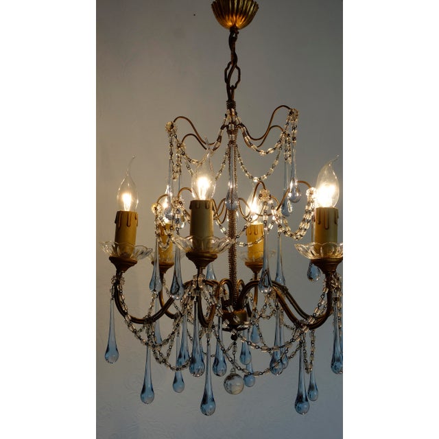 Antique Gilded Metal Murano Glass Drop Six-Light Chandelier, 1930s For Sale - Image 12 of 14