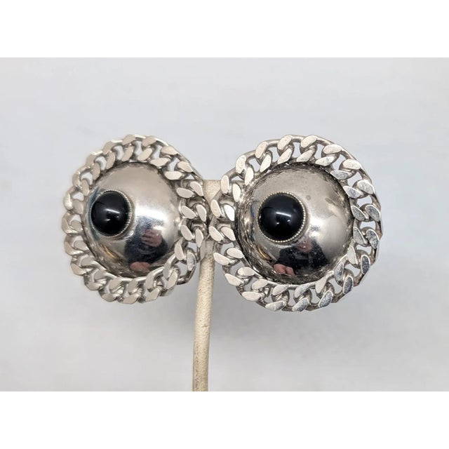 Mid-Century Modern Vintage Signed Ugo Correani Italy Modernist Faux-Onyx Cabochon Clip Earrings - 2 Pieces For Sale - Image 3 of 7