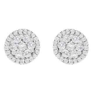 AGS Certified 14K White Gold 1.0 Cttw Brilliant-Cut Diamond Halo-Style Cluster Round Button Stud Earrings, A Pair For Sale
