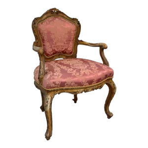 Antique Italian Salmon Silk Hand Painted Gold Arm Chair