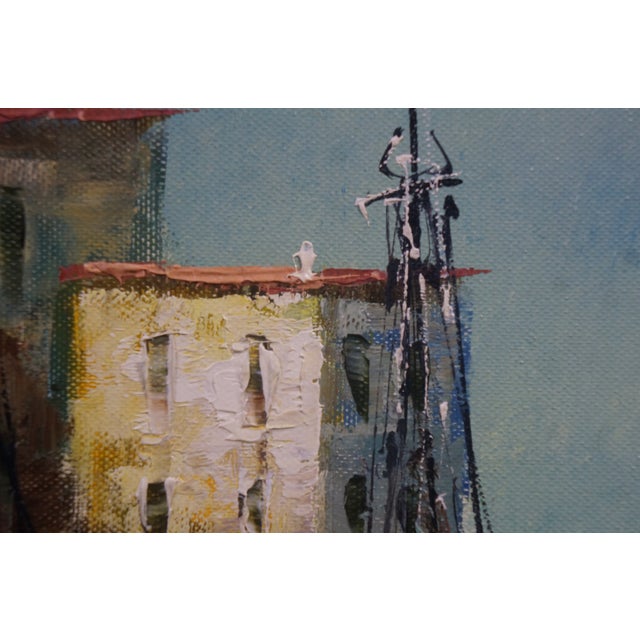 Late 20th Century Eleonore Guinther Nautical Maritime Fishing Boats Harbor Oil Painting 33" For Sale - Image 11 of 15