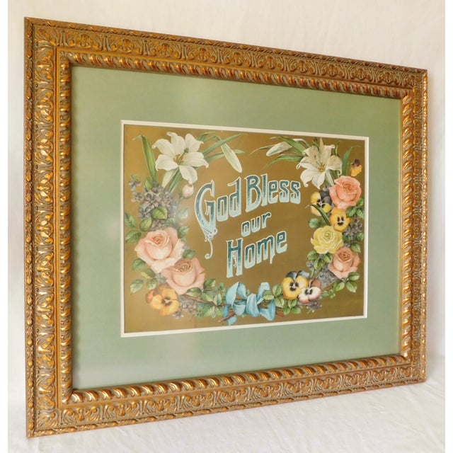 Large Vintage Floral Bless Our Home Ornate Heavy Gold Framed Wall Picture For Sale - Image 9 of 11