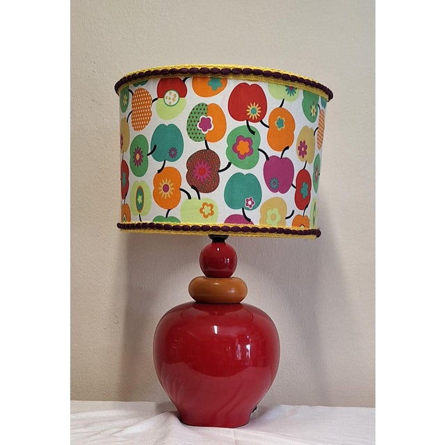 Vintage Table Lamp with Red and Yellow Ceramic Base and Fabric by Lamplove, 1980s, in Very Good conditions. Designed 1980...