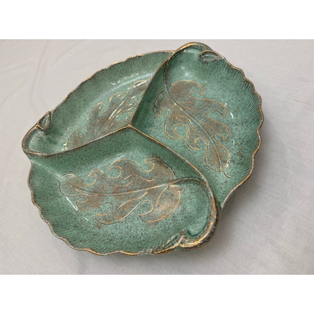 Vintage Mid-Century Modern American Mint Green & Gold Divided Ceramic Tray For Sale - Image 4 of 10