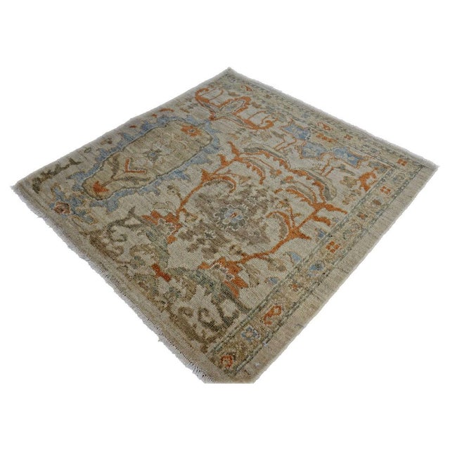 Early 21st Century Persian Sultanabad Wool 3x3 Square Ivory, Light Blue & Rust Handmade Area Rug #1141257 For Sale - Image 5 of 6