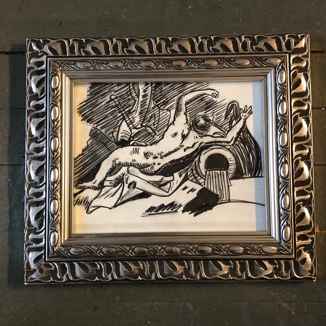 1970’s Original Vintage Ink & Charcoal Male Nude Drawing Ornate Vintage Frame For Sale - Image 4 of 4