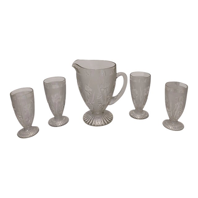 Vintage Jeannette Glass Iris & Herringbone Pattern Pitcher and 4 Tumbler Set - 5 Pieces For Sale