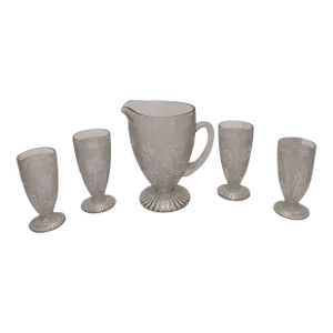 Vintage Jeannette Glass Iris & Herringbone Pattern Pitcher and 4 Tumbler Set - 5 Pieces