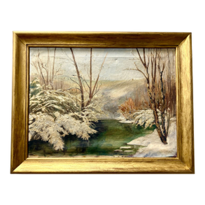 Antique 19th Century Folk Art Painting Winter Snow River Landscape