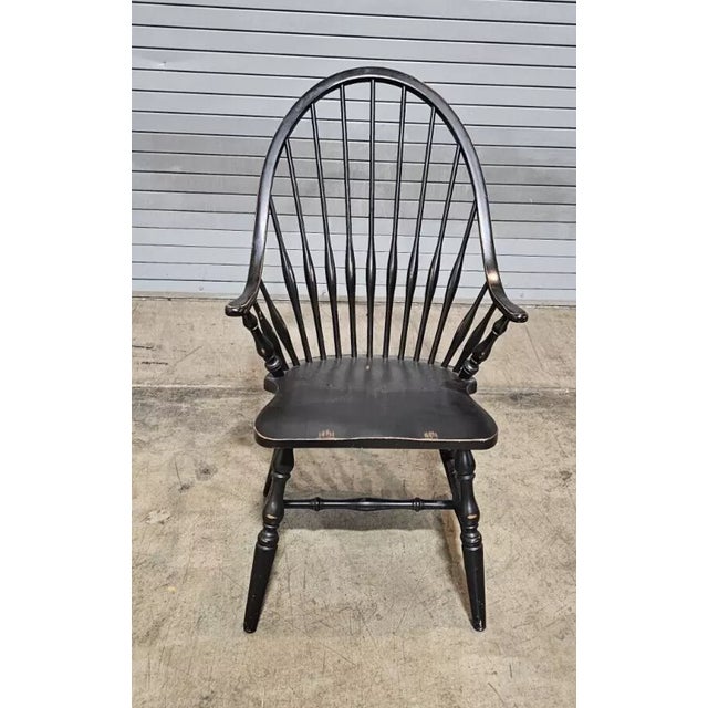 Store Item: Primitive Early American Style Continuous Arm Windsor Arm Chair Black Finish Description: Chair has a steam...