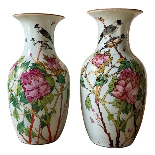 Ceramic Large Chinese Porcelain Vases with Floral and Bird Decoration, 1800s, Set of 2 For Sale - Image 7 of 7