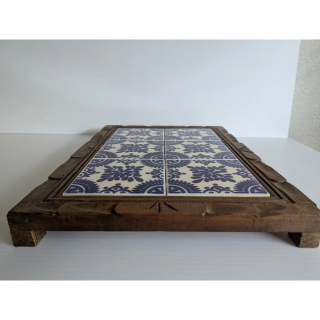 Mexican Vintage '70s Large Hand Carved Wood Talavera Tile Trivet For Sale - Image 3 of 11