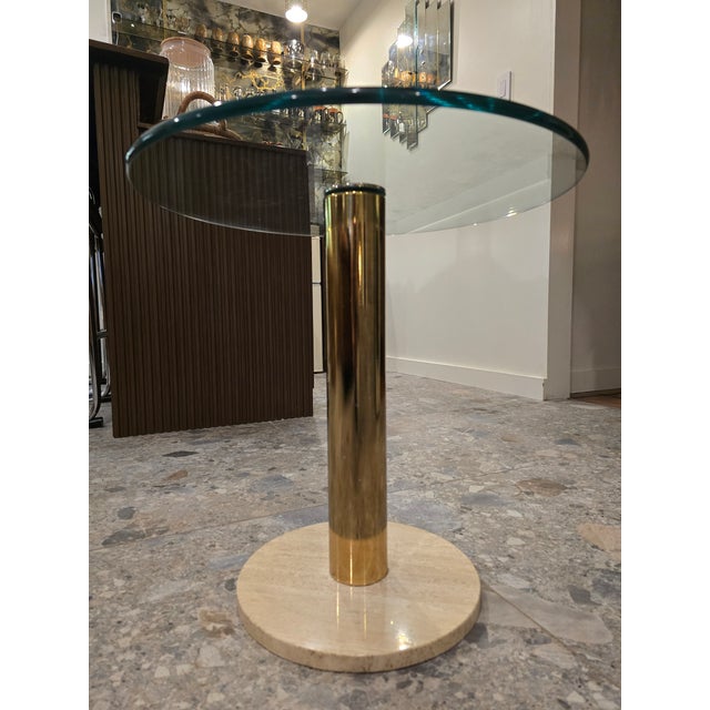 Mid-Century Modern 1980s Attributed to Leon Rosen for Pace Round Glass, Brass and Travertine Side Table For Sale - Image 3 of 10