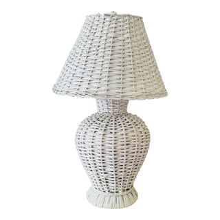 Vintage White Wicker Lamp and Lamp Shade For Sale