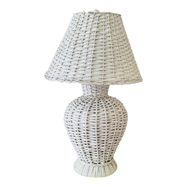Vintage White Wicker Lamp and Lamp Shade For Sale