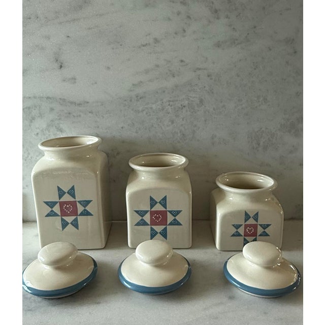 Set of 3 Vintage Ceramic Canisters With Hand Painted Quilted Star Pattern For Sale - Image 4 of 11
