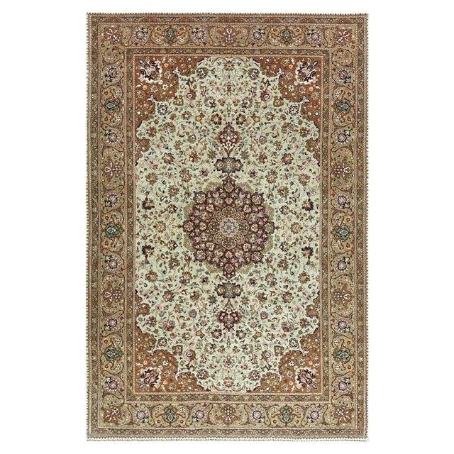 Textile 1940s Green Medallion Classical Motifs Antique Tabriz Knotted Wool Rug For Sale - Image 7 of 8