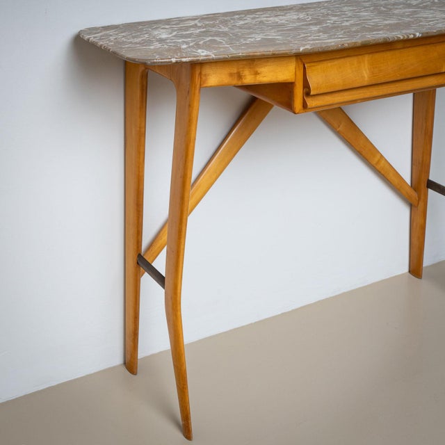 Wall console made of beech with a grey marble top with white veins and a drawer. The console has been restored and...