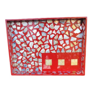 Contemporary Red Lacquer Tray With Mother of Pearl Inserts For Sale