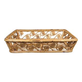 Vintage Handwoven Rattan & Bamboo Swirl Tray, Mid-Century Modern Style For Sale