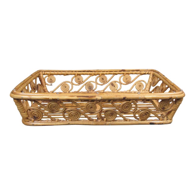 Vintage Handwoven Rattan & Bamboo Swirl Tray, Mid-Century Modern Style For Sale