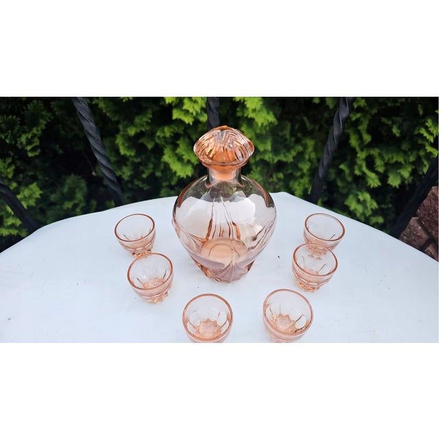 Art Deco Rosaline Glass Decanter and Glasses, 1930s, Set of 7 For Sale - Image 3 of 8