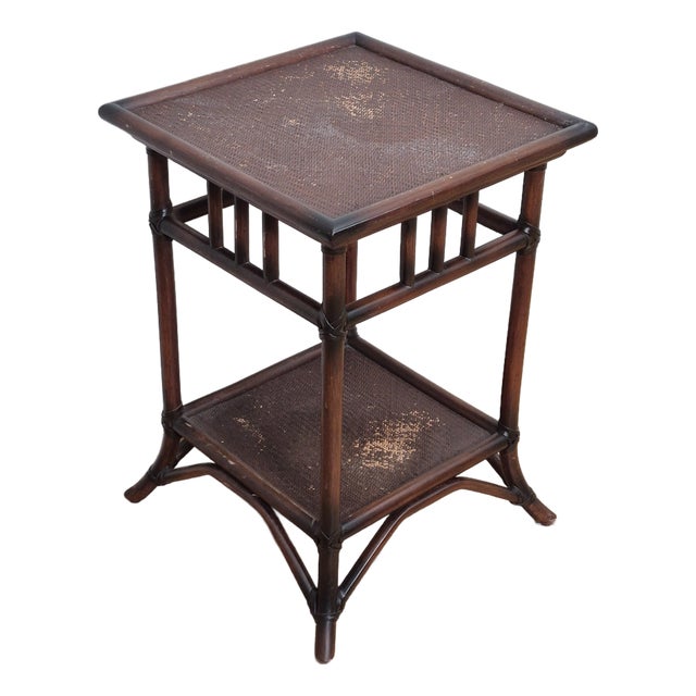 2010s British Colonial Style Rattan & Wicker Square Tiered Side Table For Sale