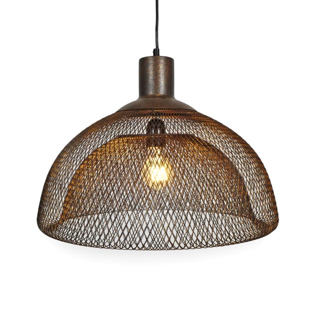 Bronze-finished wire pendant with a sculptural presence and airy, open silhouette. Finely woven metal mesh shade which...