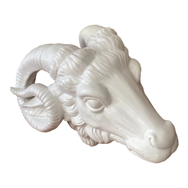 Vintage Neoclassical Italian White Glazed Porcelain Ram's Head Wall Hanging Sculpture, Circa 1980s For Sale