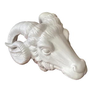 Vintage Neoclassical Italian White Glazed Porcelain Ram's Head Wall Hanging Sculpture, Circa 1980s