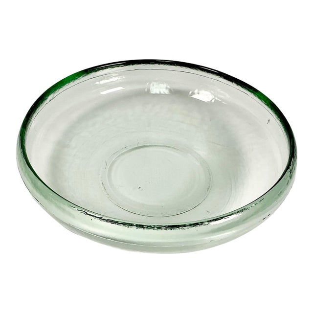 1980s Vintage Boho Chic Mexican Handblown Green Glass Serving Bowl For Sale
