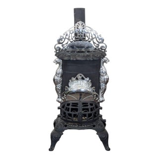 Vintage Iron Parlor Stove With Ornate Details For Sale