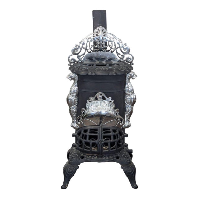 Vintage Iron Parlor Stove With Ornate Details For Sale