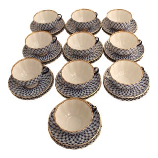 1980s Lomonosov Imperial Cobalt Net Porcelain Tea Set 30 Pcs, 10 Trios For Sale