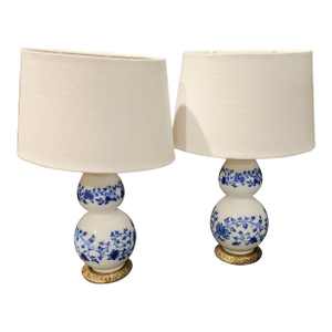Mid 20th Century Chinoiserie Blue & White Double Gourd Porcelain Lamps on Gilt Lotus Bases - a Pair