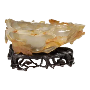 Late Qing Carved Agate Lotus Brush Washer With Zitan Stand