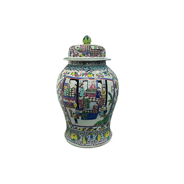 White Chinese Large Famille Rose Color Graphic Porcelain General Temple Jar For Sale - Image 8 of 9