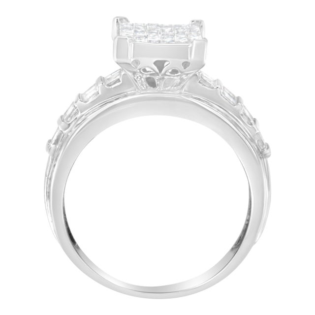 Contemporary 14K White Gold 2.0 Cttw Mixed-Cut Diamond Rectangle Invisible-Set Composite Cluster Ring with Bar- and Channel-Set Band - Size 7 For Sale - Image 3 of 7