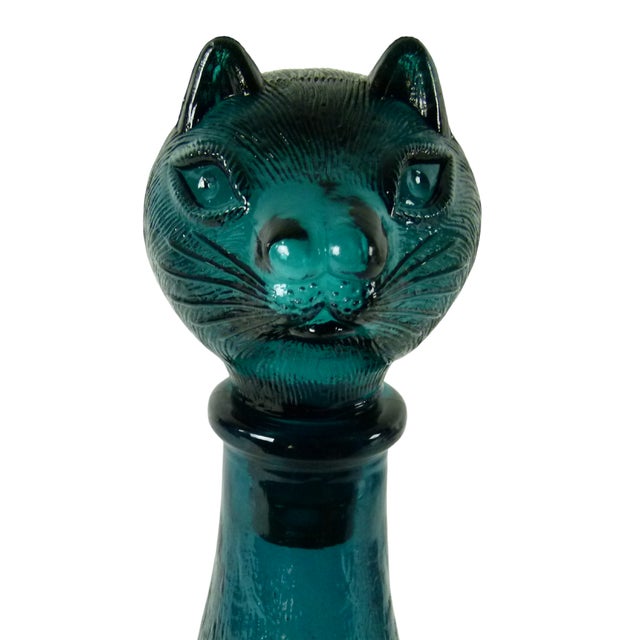1960s Empoli Glass Cat Decanter Mid Century Modern Italian Teal Blue Art Glass Bottle With Stopper Retro Barware Decor For Sale In Atlanta - Image 6 of 7