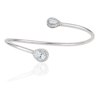 Modernist Pear-Cut Aquamarine & Diamond Toi Et Moi Open Cuff Bangle, March Birthstone Gift For Sale