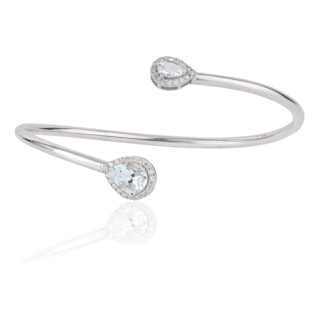 Modernist Pear-Cut Aquamarine & Diamond Toi Et Moi Open Cuff Bangle, March Birthstone Gift For Sale