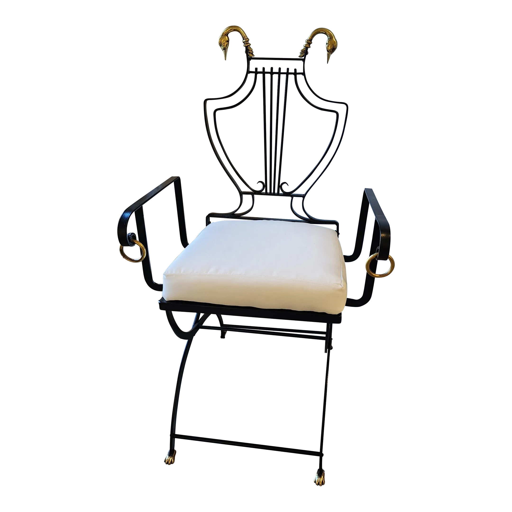 Mid 20th Century Maison Jansen Brass Swan and Black Lyre Back