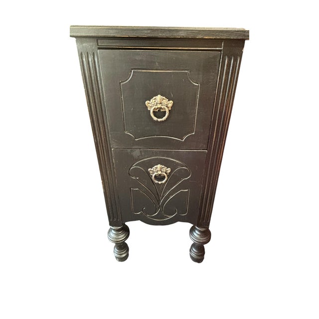 Art Deco Vintage Black Art Deco Vanity With Three-Part Mirror, Carved Wood & Ring Pull Hardware For Sale - Image 3 of 10